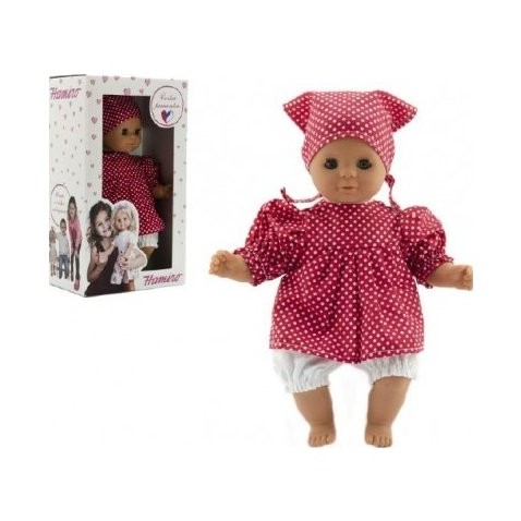 Doll / Baby Hamiro 30cm, szövet testruha piros + fehér pöttyös + sál