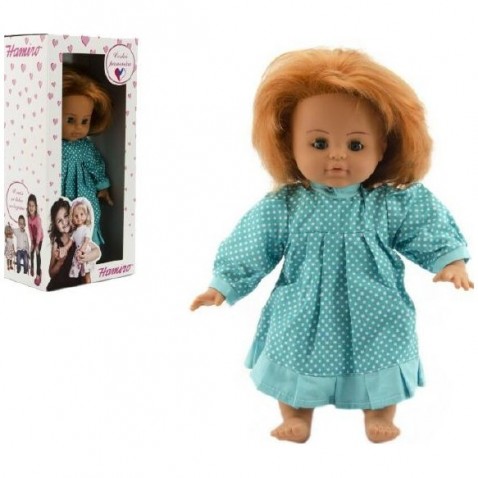 Doll / Baby Hamiro kacsintás 35 cm, szövet testruha kék + fehér pöttyös