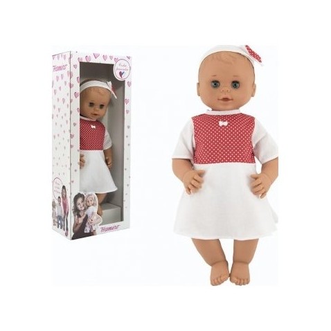 Doll / Baby Hamiro kacsintás 50 cm, tömör test, fehér ruha + piros pöttyös
