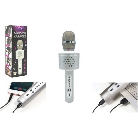 Bluetooth ezüst akkumulátoros karaoke mikrofon USB kábellel