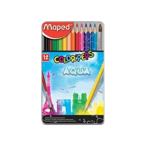 Ceruzák MAPED fémdoboz Aqua 12 szín + ecset / 836014 /