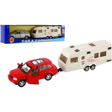 Autó fém/műanyag lakókocsival 29cm a behúzáshoz 2 színben