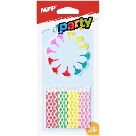 Torta gyertyák 6 cm színes 24 db + 12 db mécsestartó