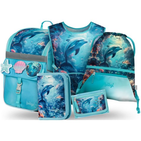 BAAGL Zippy Dolphin 5 db iskolatáska szett:iskolatáska, tolltartó, zsák, kötény, pénztárca