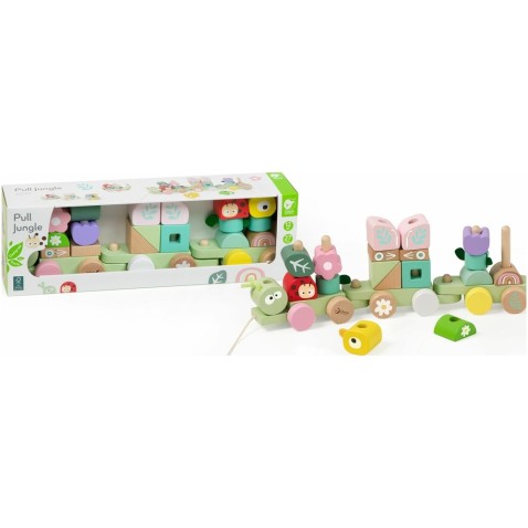Vonat + 2 vagon dzsungelfából készült húzós készlet, 27 darabos