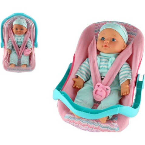 Baba/szövet 30 cm-es puha test hordozóban/autósülésben cumival 2 színben
