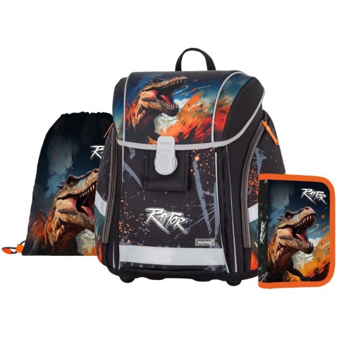 Elsős fiúknak szánt Oxybag PREMIUM LIGHT iskolatáska dinoszauruszos szett