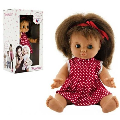 Baba Hamiro 30cm, egyszínű test, piros-fehér pöttyös ruha, piros-fehér pöttyös ruháva
