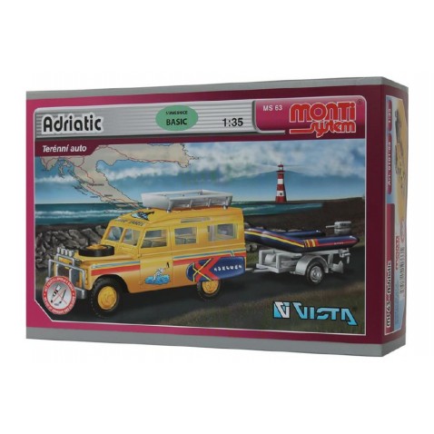 Építőkészlet Monti 63 Land Rover-vlek s loďkou/člunem 1:35