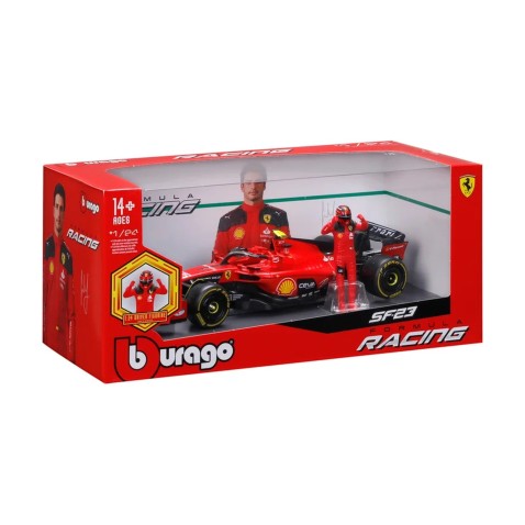 Bburago - FORMULA RACING, F1 Ferrari SF-23 (2023) pilótafigurával, #55 Carlos Sainz, 1:24