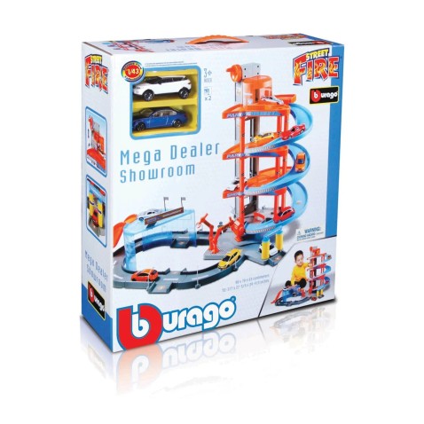Bburago - STREET FIRE, Nagy parkoló játékszett – garázs és autószalon két kisautóval, 1:43