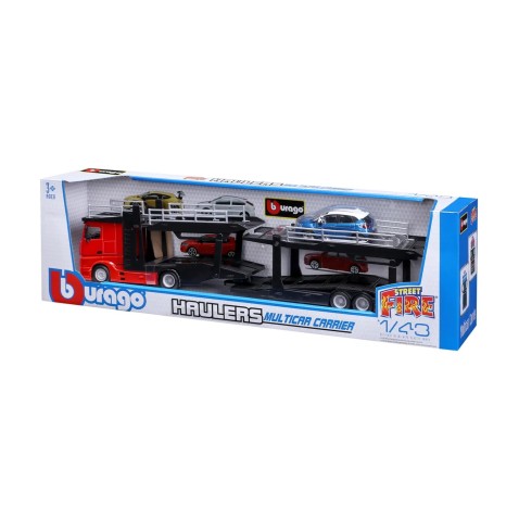 Bburago - STREET FIRE, Kamion félpótkocsival Multicar Carrier M-B Actros + Renault Captur, 1:43