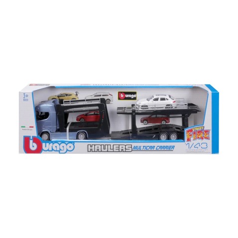 Bburago - STREET FIRE, Kamion félpótkocsival Multicar Carrier Scania 770S + Porsche Macan, 1:43