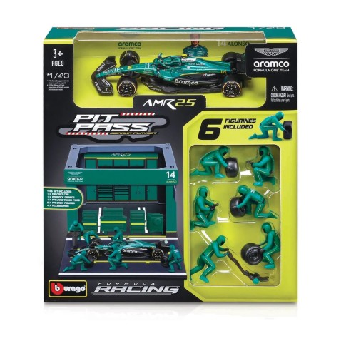Bburago - Formula Racing F1 Pit Pass készlet - Aston Martin AMR25.2025, 14 Fernando Alonso, 1:43