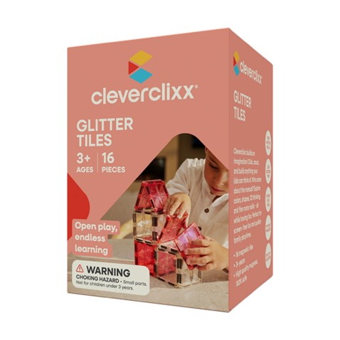 Cleverclixx – Mágneses építőjáték Glitter Tiles Pack Transparent – rózsaszín – 16 db
