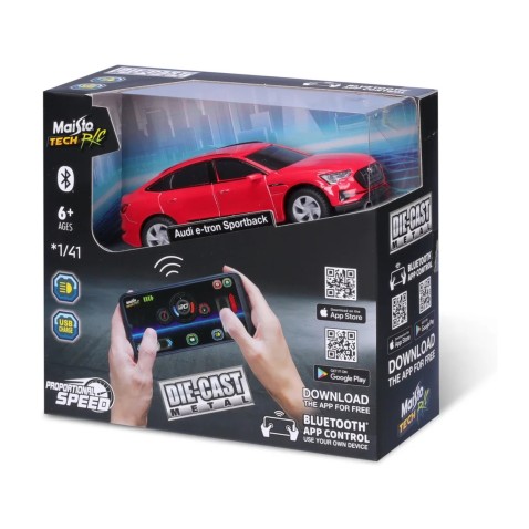 Maisto RC – Die-Cast Metal – Audi e-tron Sportback világítással, 1:41, 2,4 GHz, USB, XTR, Bluetooth