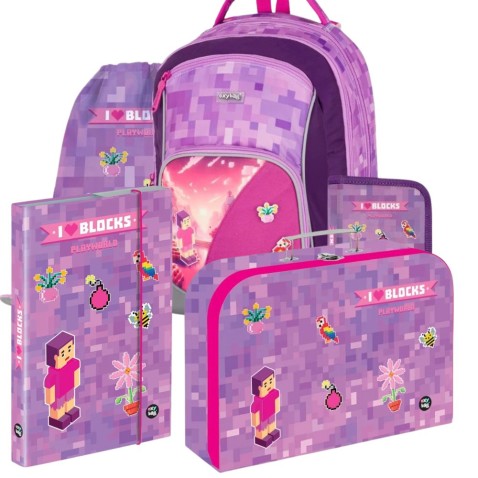OXYGO Playworld Girl Pixel iskolai hátizsák – 5 darabos szett