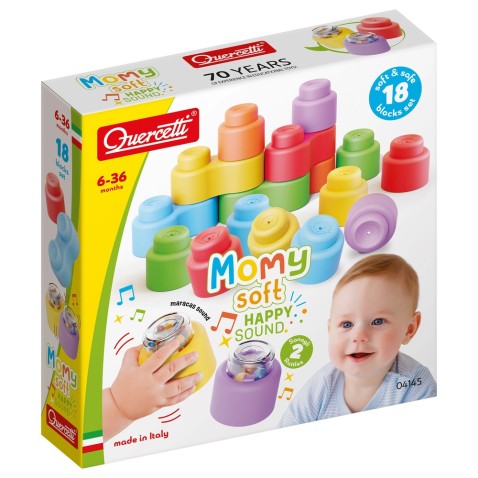 Momy Soft Happy Sound - puha építőkockák + 2 hangot adó kocka - 18 db
