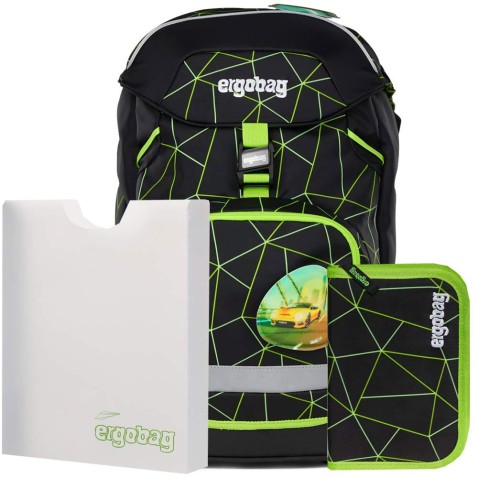 Ergobag Prime Fluo Race iskolatáska szett elsősöknek hátizsák+tolltartó+füzettartó box