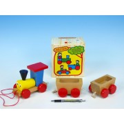 Vonat + 2 vagon fa húzós játék, színes, teljes hossz 43 cm, dobozban