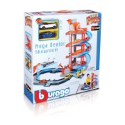 Bburago - STREET FIRE, Nagy parkoló játékszett – garázs és autószalon két kisautóval, 1:43