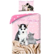 Gyerek ágynemű huzat Cica és kiskutya rózsaszín, zsákkal